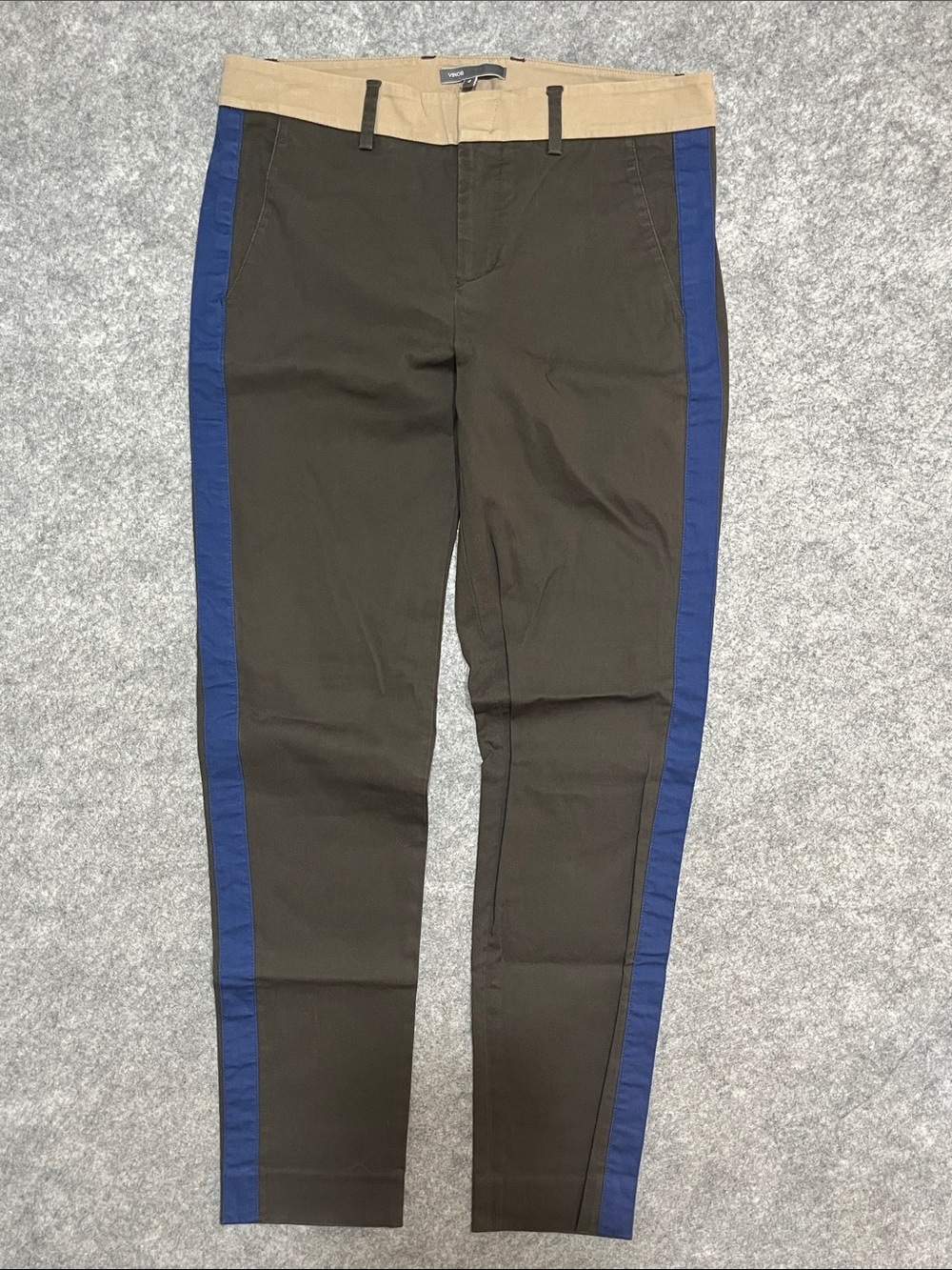 Vince Olive Green Chinos with Blue Side Stripe and Tan Waistband